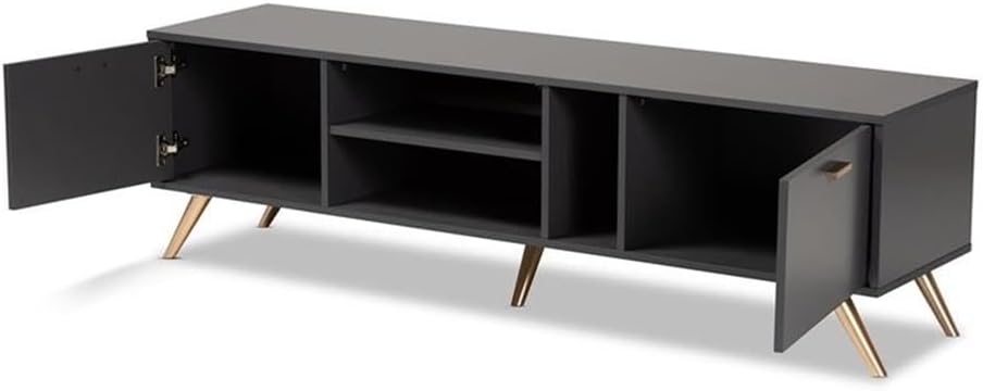 BOWERY HILL Contemporary Wood TV Stand, 63" Wide, Dark Gray Finish with Gold Accents, Engineered Wood, Storage Shelves and Cord Management, Modern Living Room Entertainment Console