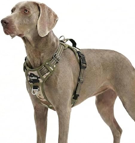 Funfox Anti Zug Hundegeschirr Grosse Hunde mit Frontclip, Tarngrün | Vertikaler Griff, Verstellbar, 2 D-Ringe, Gepolstert, Nachts Reflektierend, für Kleine Mittlere Grosse Hunde, X