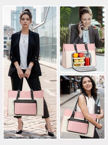 MATEIN Lunch Tote Bag for Women, 15.6 Inch Laptop Purse with Lunch Compartment, Waterproof PU Leather Briefcase with Insulated Pocket, Office Handbag for Work, Daily Use, Gifts for Ladies, Beige Pink — view 2