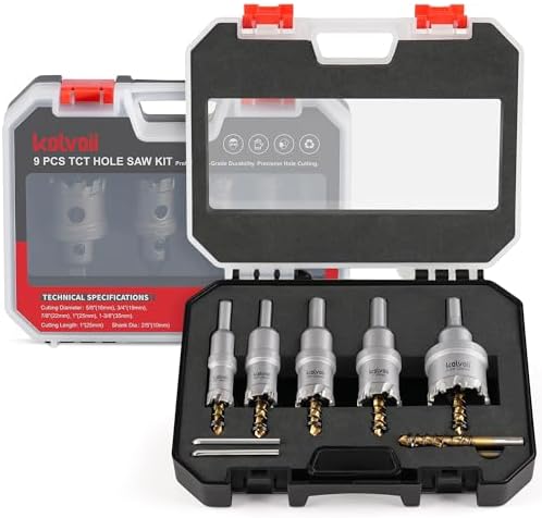 Kolvoii 9 PCS TCT Hole Saw Kit for Hard Metal, 5/8"-1-3/8" Tungsten Carbide Tipped Hole Saw Drill Bit Heavy Duty Carbide Hole Cutter Set with Storage Box