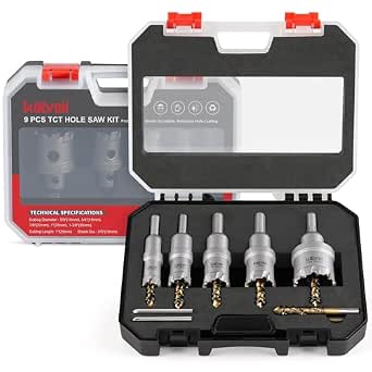 Kolvoii 9 PCS TCT Hole Saw Kit for Hard Metal, 5/8"-1-3/8" Tungsten Carbide Tipped Hole Saw Drill Bit Heavy Duty Carbide Hole Cutter Set with Storage Box