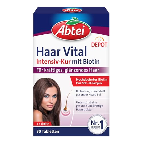 Abtei Haar Vital Intensiv-Kur - hochdosiertes Biotin, Zink und Vitamin B-Komplex mit Depot-Effekt - für kräftiges, glänzendes Haar - laborgeprüft, vegan - 30 Tabletten