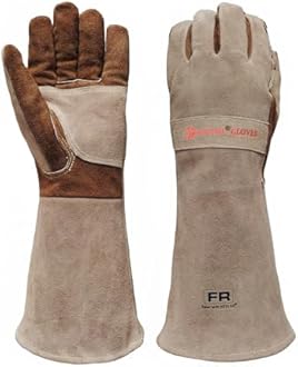 Leather Welding BBQ Fire Gloves, Fireproof Heat-Resistant Long Sleeve Mitts for TIG/MIG, Log Wood Burners, Firefighting, Barbecue, Fireplace, Oven, Stove, Grill, Animal Handling (X-Large)