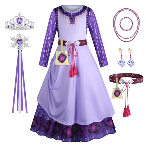 AOOWU Wish Asha Kostüm, Lila Asha Kleid für Kinder Mädchen, Prinzessin Kleid Mädchen mit Krone Ohrringen Halskette Tasche Gürtel, Asha Cosplay Kleider Karneval Halloween Weihnachten Geburtstag(120)