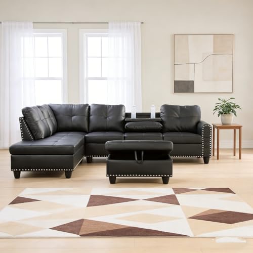 Trygoal L-Shape Sofa with Storage Ottoman & Reversible Coffee Table, Leather Sectional Couch with Left Chaise, 3-Piece Sofa Set for Living Room, Upholstered Couch Set with Solid Wood Frame, Dark Grey
