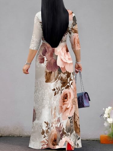 Image of SUZONANA Plus Size Dresses for Women Floral Print Maxi Dress Flowy 3 /4 Sleeve with Belt
