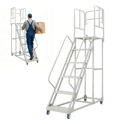 Image of 6-Step 24''Wx90''H Rolling Ladder with Dual Handrails, Lockable Wheels,1200LBS Capacity Industrial Warehouse Rolling Stairs, Heavy Duty Mobile Platform Ladder for Warehouse, Supermarket, Garage