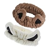 HEALEEP 2個 猫耳デザインスパヘッドバンド 米白色 深茶色女性用洗顔用伸縮性ヘアバンド メイク スキンケアになかわいいヘアアクセサリー