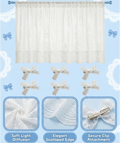 Image of piercing Curtains for Kitchen, Lace Curtains, Kitchen Window Curtains, Sheer Curtains, Kitchen Curtains 29 inchx39 inch Tier 1-Panel Rod Pocket Floral Scalloped Cafe Light Filter White (Lace) (White)
