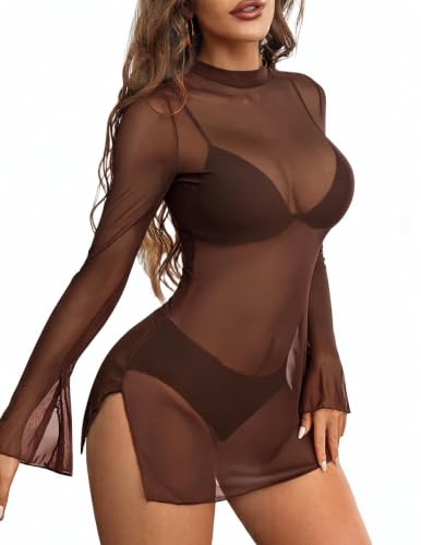 Image of Avidlove Mesh Mini Dresses for Women Bell Sleeves Bodycon Turtle Neck Split Lingerie Dress Vacation Party Outfits Clubwear