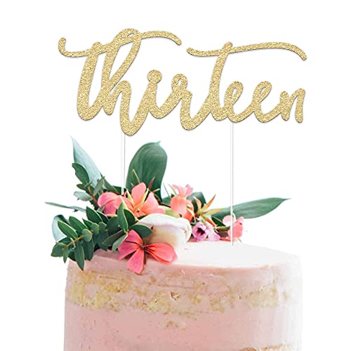 Image of Festiko13th Birthday Cake Topper Decoration - THIRTEEN - 7 inch x 3.5 inch Thirteenth Bday Topper w /Premium Double Sided Gold Glitter Card stock Paper - Happy Birthday Accessory For Men & Women