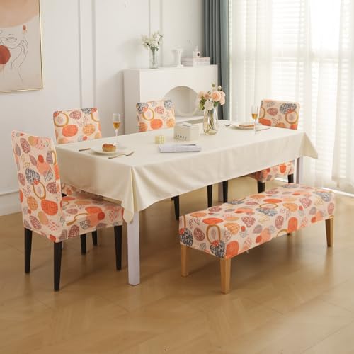 Image of HOKIPO Premium Velvet Cover Set for 4 Dining Chairs + 1 Dining Bench, Coral Autumn Leaves (AR-5799-D1)