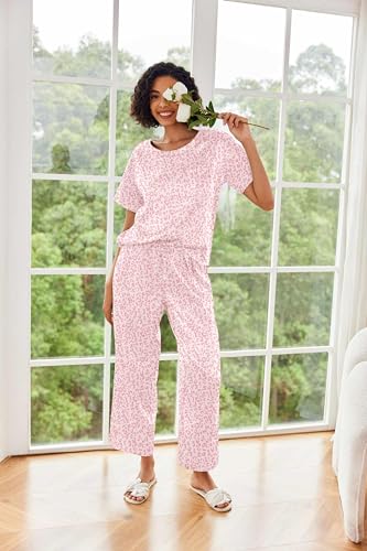 Image of Ekouaer Womens Satin Silky Pajama Set Short Sleeve Shirt with Long Pajama Pant Set Soft PJ Loungewear
