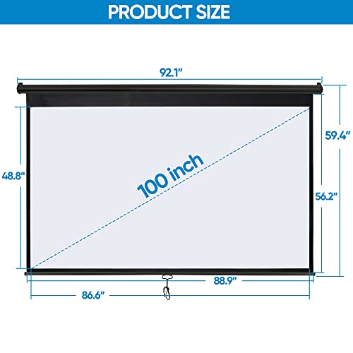 Image of 100 inch 16:9 HD Manual Projector Screen with Auto Lock Anti-Crease Home Theater Office Wall Mounted Ceiling Pull Down Projection 1.1 Gain Matte Black, View Size: 87 x 49 inches