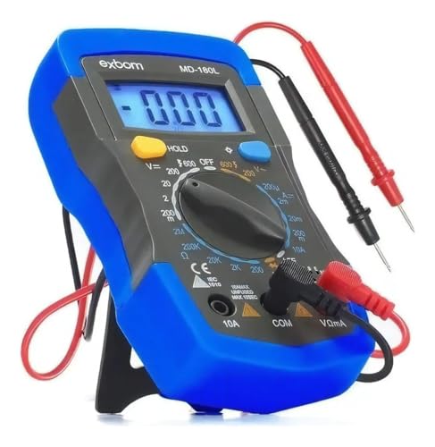 Multímetro Digital Profissional Portátil Auto Range Iluminação, Teste de Continuidade Bipe, Mede Corrente AC/DC Tensão 200mV–600V, Display LCD, Acompanha Bateria 9V 2 Pontas para Eletricistas Técnicos