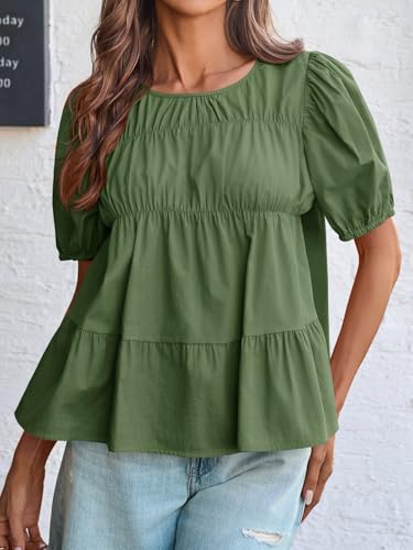 Image of Tankaneo Womens Puff Sleeve Peplum Babydoll Tops Summer Flowy Pleated Cotton T-Shirts Casual Loose Fit Cute Blouse