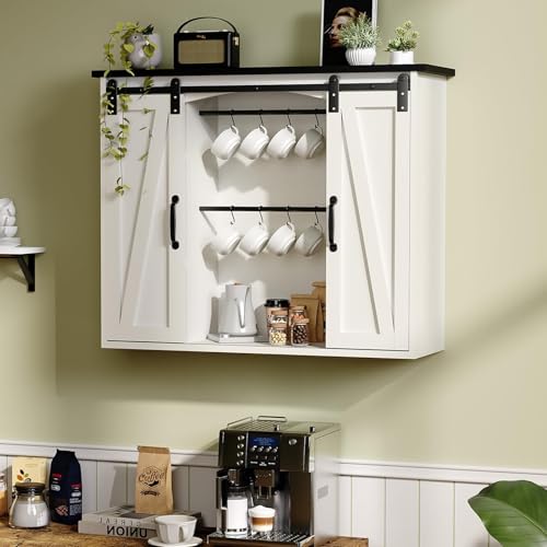 4ever2buy Farmhouse Coffee Bar with Storage, 31.5 Inch Floating Kitchen Wall Cabinet with 6 Hooks for Wall, Wall Mount Cabinet with Barn Door for Living Room, White Kitchen Wall Cabinet