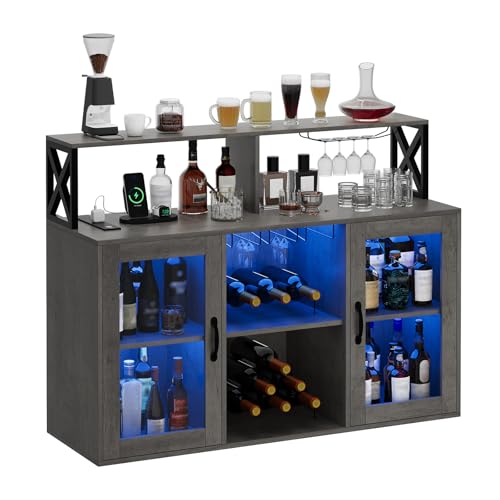 Image of Modern Wine Bar Cabinet with LED Light & Power Outlets - Sideboard Buffet with Wine Rack, Glass, Ample Storage - Freestanding Liquor Storage for Dining Room, Kitchen, Living Room
