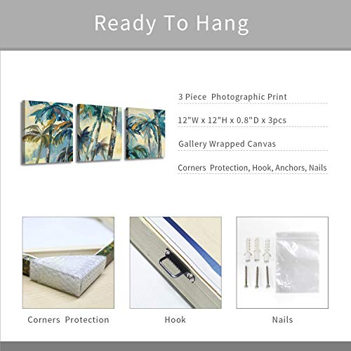 Artistic Path Seaside Coconut Palm Wall Art: Coastal Tropical Abstract Trees Artwork Reproduction Painting Print Canvas Pictures For Washroom (12" W X 12" H X 3 Pcs, Multi-Sized) #TOP6