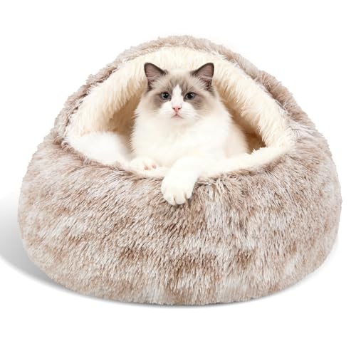 Calming Dog Beds & Cat Cave Bed with Hooded Cover,Removable Washable Round Beds for Small Medium Pets,Anti-Slip Faux Fur Fluffy Coved Bed for Improved Sleep,Fits up to 15/25 lbs (Small,20″x20″)