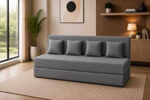 Image of Sofa Cum Bed with Jute Fabric, Convertible Four Seater Sofa Bed 6x6 Ft, Comfortable Cushioned Seating, Space Saving Design for Living Room, Bedroom & Guest Room - Grey Color