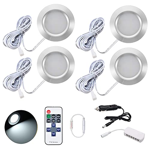 JUTTAUTO 12V LED Lot de 4 spots d'intérieur avec télécommande, projecteurs de toit ronds, appliques murales, plafonniers pour camping-car T4 T5, caravane,...