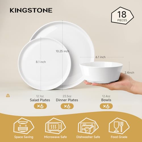 Image of KINGSTONE 18-Piece Bone China Dinnerware Sets, White | Lightweight Plates & Bowls Set | Straight Rim Bowl Dinner Set | Scratch Resistant | Microwave & Dishwasher Safe | Serves 6