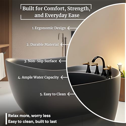 Image of MOON Freestanding Bathtub 150 cm - Black Matt Acrylic Soaking Tub with Hand Shower & Water Mixer, 6-Layer Reinforced Standalone Bath Tub, Premium Matt Finish