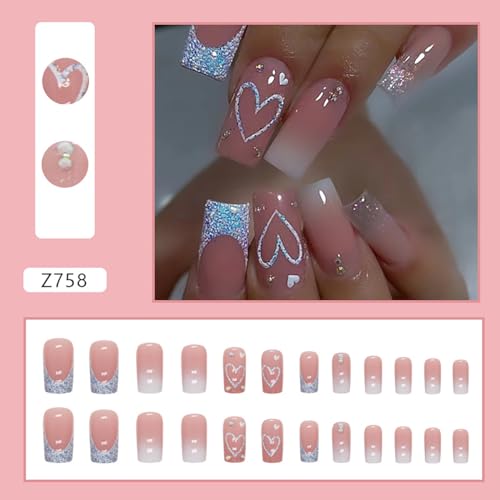 French Tip Press on Nails Medium Length Nude Pink Fake Nails Square Tip Glitter Designs Valentine\'s Day Nail Art Supplies Artificial Heart False Nails Glue on Nails for Women Acrylic Nails Decorations - Thumbnail 2