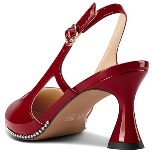 Image of TNYNFBEB Womens Kitten Heel Pointed Toe Pumps Sliver Beaded Slingback Slip-on Buckle Prom Dress Basic Classic Patent Leather Summer 2.6 Inches Heels