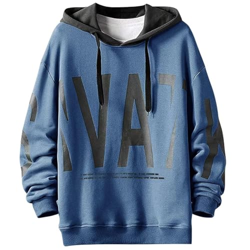Men's Hoodie Hooded Pullover Outdoor Sweatshirt Top Blouse Streetwear Urban Jumper Casual Print Hoody Autumn Winter(A Blue,2XL)