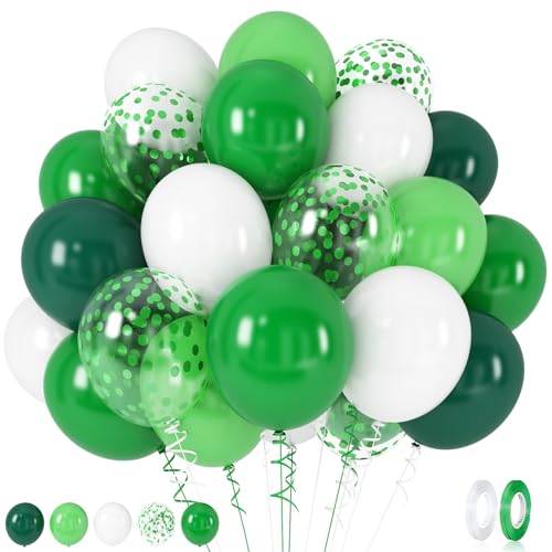 Image of 60 Pack Green Latex Balloons, 12 Inch Matte White Dark Emerald Green Light Lime Green Confetti Helium Balloons, Assorted Green White Balloons for Jungle Dinosaur Birthday Baby Shower Party Decorations
