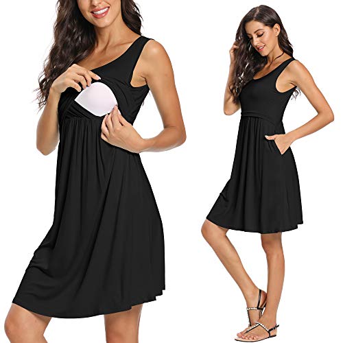 Image of GLAMIX Women's Nursing Dress Summer Casual Sleeveless Breastfeeding Tank Dresses with Pockets