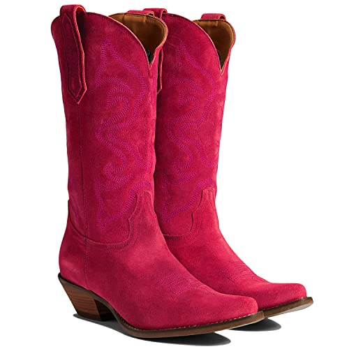 Image of LEHOOR Cowboy Boots Women Embroidered Mid Calf Western Boots Stacked Low Heel Pointed Toe Pull On Cowgirl Boot 4-11 M US