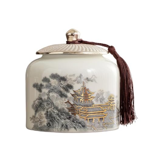 Dxcaicc Lata De Té Verde Retro Chino Tarro De Almacenamiento De Cerámica Hermético 850ML Contenedor De Cocina Tarro Decorado En Dorado con Motivos De Paisaje En Tinta
