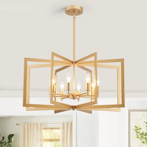 peskoe 8-Light Gold Chandelier 26 Inch Large Dining Room Light Fixture Geometric Metal Modern Pendant Hanging Ceiling Lamp for Kitchen Island Living Room Entryway