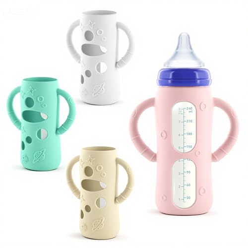 Image of Luxnary 4-Pack Silicone Sleeves for Lansinoh Glass Bottles 8 oz- Starry Sky Design Baby Bottle Holder with Handles,Protectors for Lansinoh Natural Wave Glass Bottles, Anti-Scald Feeding Supplies