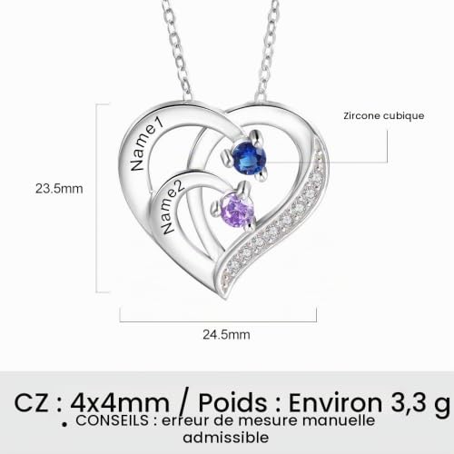 Ashleymade Personnalisé Collier Argent 925 Coeur Pendentif avec Noms Gravure Mère Fille Femme Collier Cadeau pour La Fête des Mères Saint Valentin Noël (2 noms) – vue 3