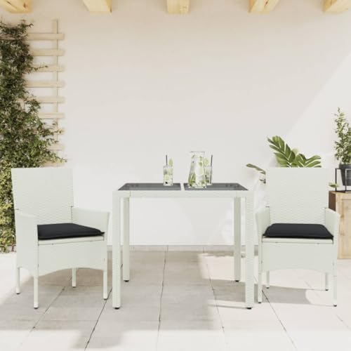 LAPOOH 3-TLG. Garten-Essgruppe mit Kissen Weiß Poly Rattan und Glas,...