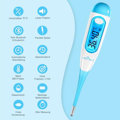 Easy@Home Basalthermometer Fruchtbarkeitsthermometer Ovulationstest zur Zykluskontrolle und Eisprung-Tracking mit Premom APP, Digitales Thermometer mit blauer Hintergrundbeleuchtung LCD-Anzeige