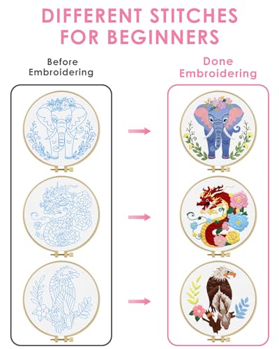 Image of TINDTOP Embroidery Kit for Beginners Adult, Elephant Embroidery Kit for Beginners Include Embroidery Cloth Hoops Threads for Craft Lover Hand Stitch with Embroidery Skill Techniques | Include Embroidery Cloth Hoops Threads for Craft Lover Hand Stitch with Embroidery Skill Techniques