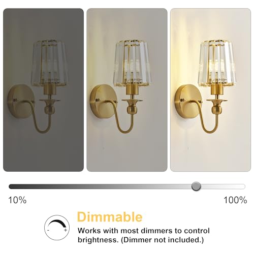 Image of KARTOOSH Hardwired Crystal Wall Sconces Set of 2 | 11.2 Inch Brass Wall Lights Dimmable 3000K Warm White Wall Lamps for Hallway, Bathroom, Living Room, Bedroom