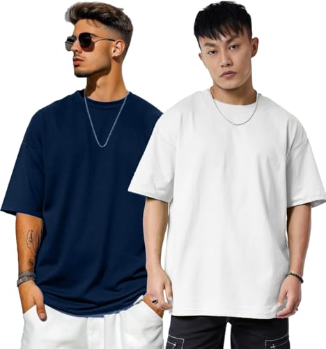 Image of Oversized Drop Shoulder Half Sleeves Round Neck Solid Pure 100% Cotton T-Shirt for Men Pack of 2