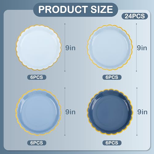 AimFun Dusty Blue Scalloped Party Plates Gold Foil Border Paper Plates Disposable 9inch Gradient Blue Serving Plates for Birthday Baby Shower Party Supplies (24)