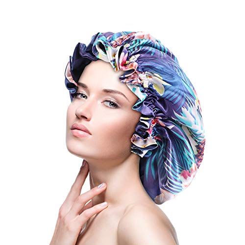 Satin Bonnet Silk Sleep Cap for Women Long Curly Hair - Night Hat Head Cover with Double Layer & Elastic Band, Soft Bonnet for Natural Hair, Braids, Dreadlocks (Blue)