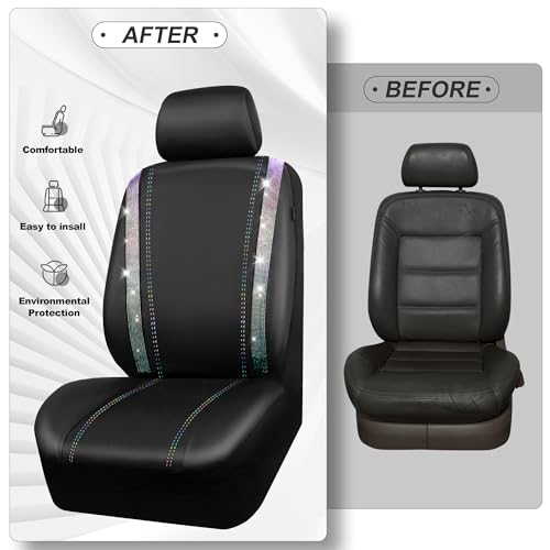 Image of CAR PASS Leather Bling Diamond Car Seat Covers 2 Front Interior Sets, Waterproof Universal Shining Glitter Crystal Sparkle Fit for 95% Auto Truck SUV Cute Women Girl, Black Multicolor Rhinestone