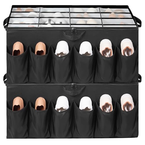 Image of STORAGEIDEAS Shoe Organizer for Closet, Shoe Storage Solution with Clear Cover & Adjustable Dividers, Fabric Shoe Box Fits 16 +12 Pairs Shoes, Black, 2-Pack