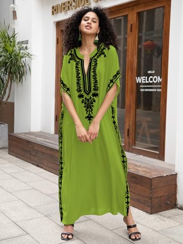 Image of KECVOT Kaftan Dresses for Women Embroidered Short Sleeve V-Neck Plus Size Caftan Bikini Swimsuit Cover-Up Long Beach Dress