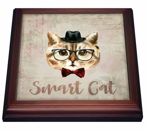 3dRose Funny Cat with Hat and Glasses Watercolor Illustration Trivet with Tile, 8 by 8