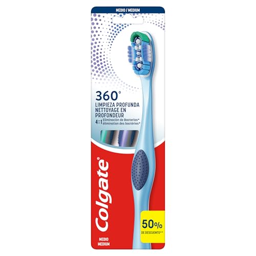 Colgate Cepillo de dientes 360 Deep Clean Medio - Elimina bacterias de dientes, lengua, mejillas y encías - Con Filamentos Interdentales - Copas pulidoras que eliminan la placa
